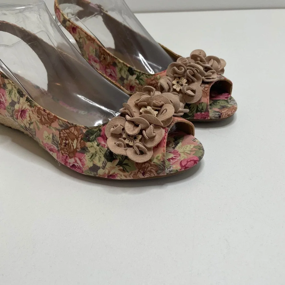 Hotter Betsy Pink Floral Peep Toe Wedge Sandals 3D Flower Applique Cottage 8.5